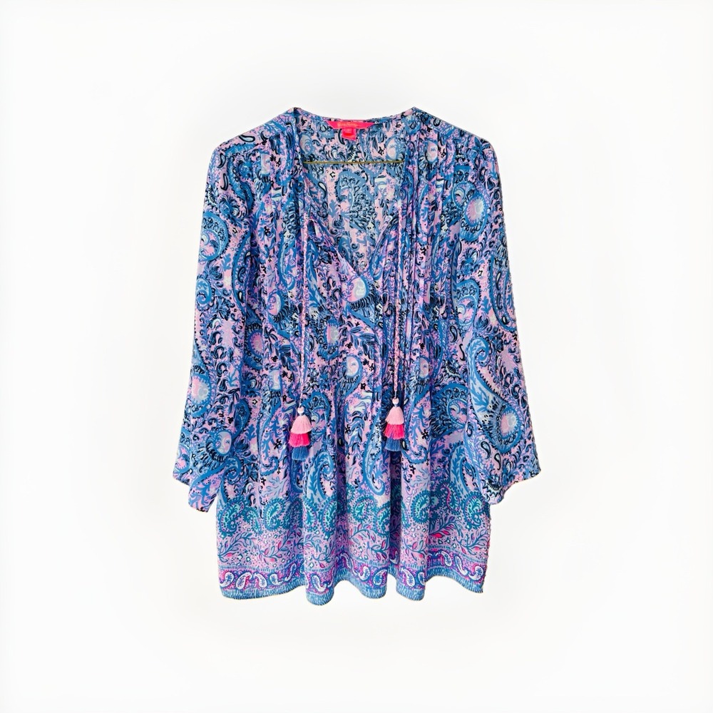 Lilly Pulitzer Marilina Tunic Top Purple Iris Hello Sunshine Blouse S Tassels